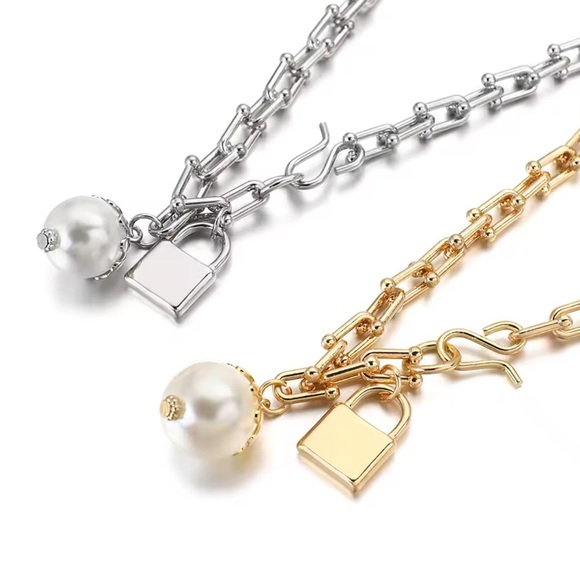 Graduated Link Elegant Silver Chain Lock Pearl Charm - Picture 6 of 7